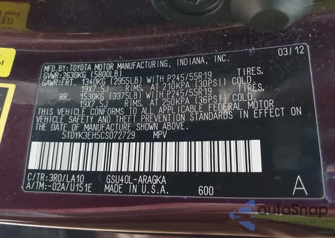 2012 Toyota Highlander Limited V6 из США, поврежденный, VIN 5TDYK3EH5CS072729